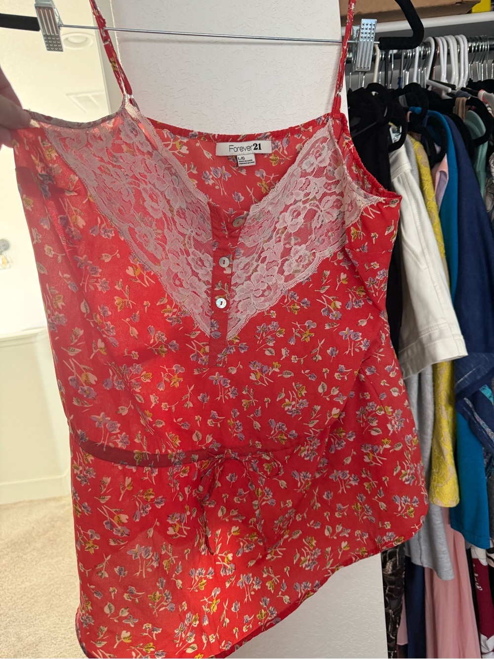 Forever 21 Red Floral Lace-Trim Button Cami